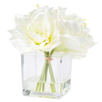 Nature Spring Lily Floral Arrangement in Vase - 5 Artificial Flowers in Decorative Clear Glass Bowl with Faux Water - 7.5" x 8.5", Cream