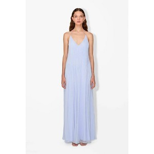Women Dress Pleated Halter Maxi Dress Backless Flowy Sleeveless Gown, Blue,  XS