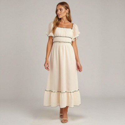 Knit & Lounge Women’s Smocked Midi Dress Ruffle Trim Puff Sleeves Square Neck Stretch Waist Soft  Silhouette