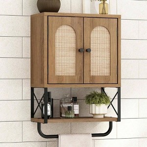 Rattan Bathroom Wall Cabinet Boho Over Toilet Storage with Arched Rattan Doors Modern Cabinet Adjustable Shelves - 1 of 4