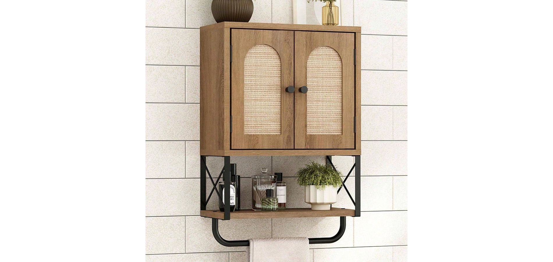 Rattan Bathroom Wall Cabinet Boho Over Toilet Storage with Arched Rattan Doors Modern Cabinet Adjustable Shelves