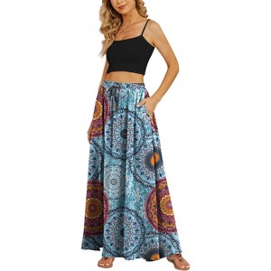 Women's Flowy High-Waist Maxi Skirt - Summer Pleated Long Skirt with Pockets Flower Mix Blue - 1 of 4