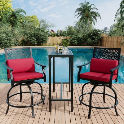 3-Piece Outdoor Patio Swivel Bar Set with Red Cushions, Includes 2 High Bar Stools and 1 Bar Table, for Bistro & Patio