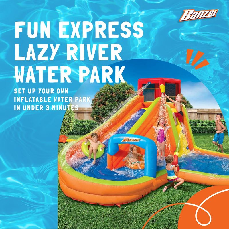 Banzai Lazy River Inflatable Outdoor Backyard Adventure Water Park Slide and Splash Pool with 2 River Rings, Air Motor, and Anchor Bags, 2 of 7