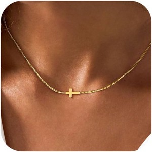 Dainty Gold Cross Necklace for Women, 14K Gold Plated Small Pendant Choker - 1 of 4