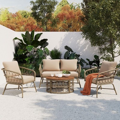 4-Piece Patio Sofa Set, Outdoor Bohemian Wicker Conversation Set with Beige Removable Cushions and Wood Tabletop-Maison Boucle