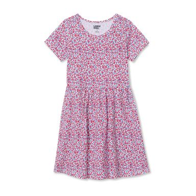 Lands' End Girls Short Sleeve Gathered Waist Jersey Dress - Red White And Blue Floral