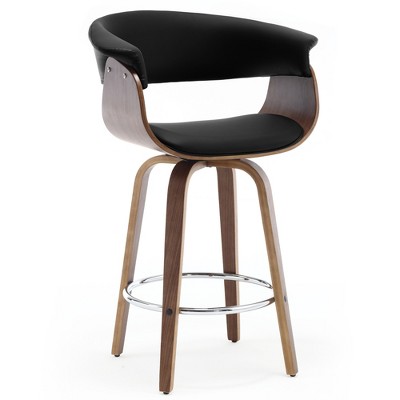 Bekrvio 26" Mid Century Modern Swivel Counter Height Bar Stools - PU Leather Upholstered with Back, Walnut Bent Wood Legs for Kitchen Island Dining