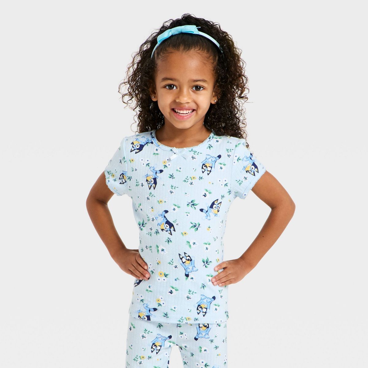 Toddler Girls' 2pc Bluey Pointelle Ribbed T-Shirt & Shorts Set - Blue - thumbnail 3
