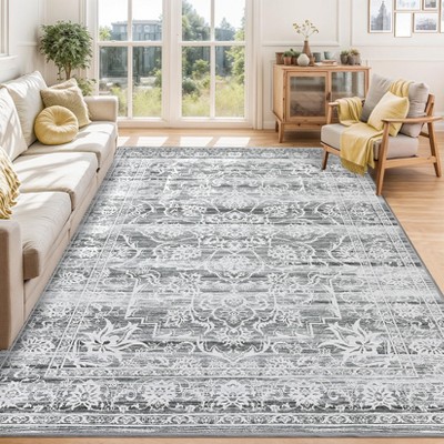 Soft Vintage Distressed Low Pile Large Washable Area Rug, Farmhouse Non-Slip Indoor Rugs for Living Room Bedroom