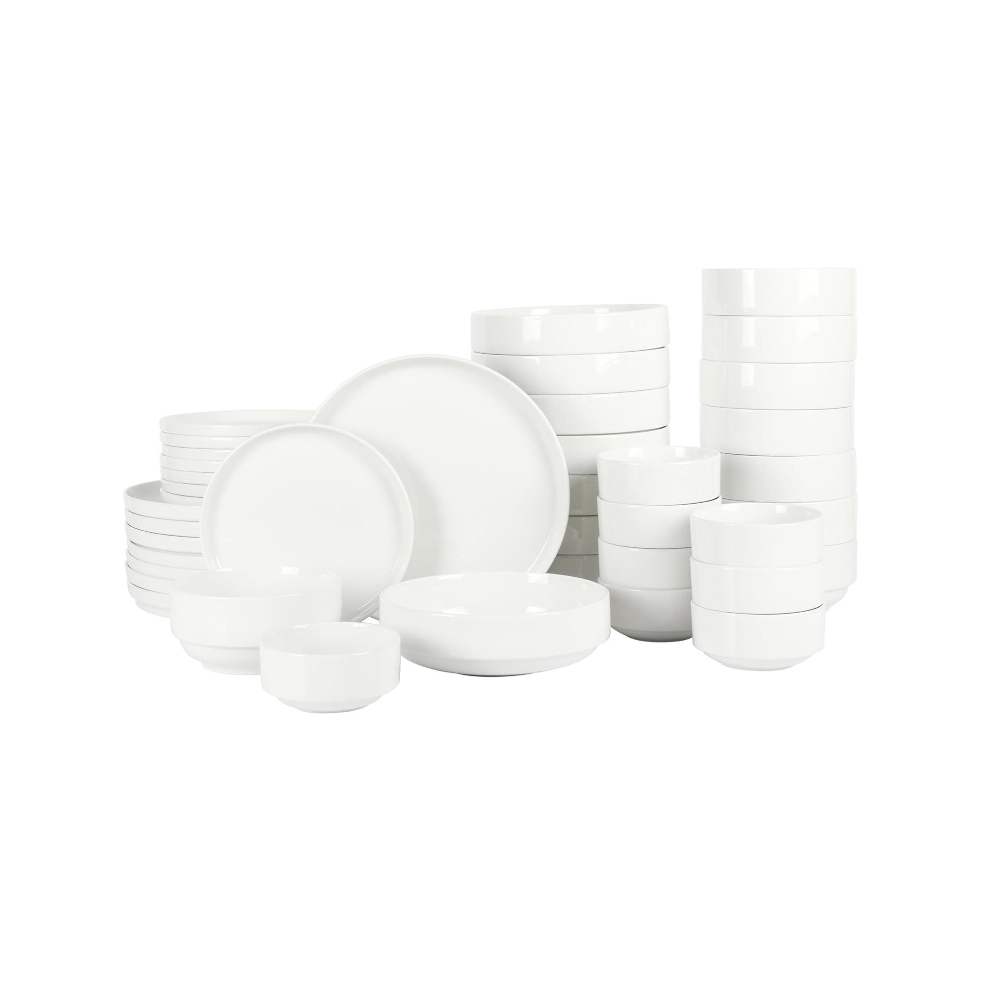 Gibson Home Rothernberg Stackable 40 Piece, Service for 8, White Porcelain Plates and Bowls Set