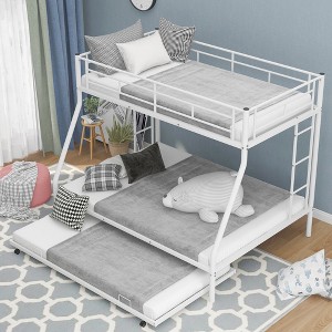 Bellemave Twin over Full Bed with Sturdy Steel Frame, Bunk Bed with Twin Size Trundle, Two-Side Ladders, White - 1 of 4