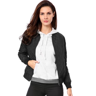 Allegra K Women Quilted Zip Up Raglan Sleeves Bomber Jacket Black S