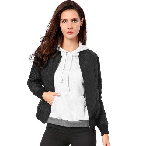 INSPIRE CHIC Women's Quilted Zip-Up Raglan Sleeves Bomber Jacket X-Large Black