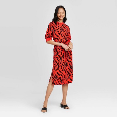 red floral high neck dress