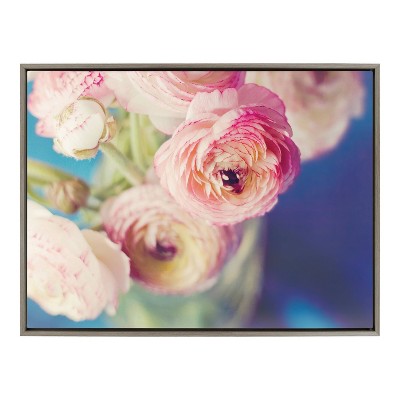 28" x 38" Sylvie Ranunculus in Blue by Kristybee Framed Wall Canvas Gray - Kate & Laurel All Things Decor