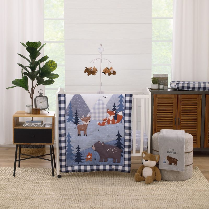 Little Love by NoJo National Park Navy Buffalo Check, Gray, Blue, and Brown Camping Bear, Deer, and Fox 3 Piece Mini Crib Bedding Set, 1 of 7