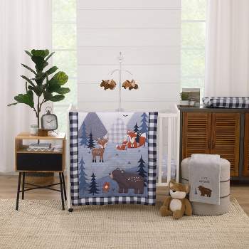 Little Love by NoJo National Park Navy Buffalo Check, Gray, Blue, and Brown Camping Bear, Deer, and Fox 3 Piece Mini Crib Bedding Set