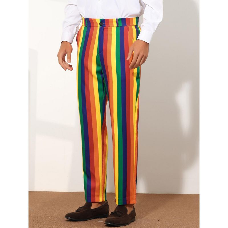 Lars Amadeus Men's Regular Fit Flat Front Color Block Rainbow Striped Trousers, 2 of 6