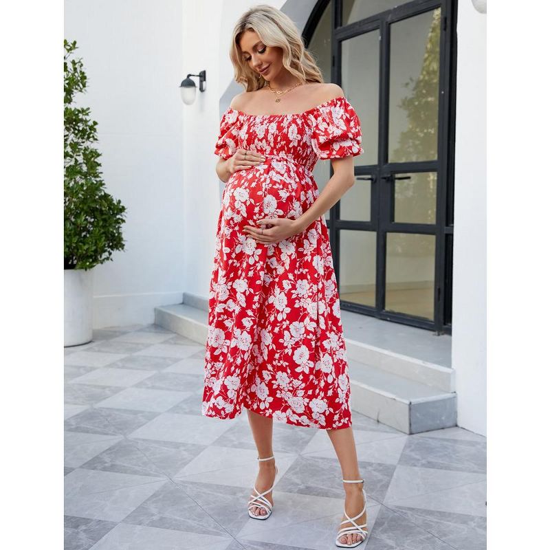 WhizMax Women's Maternity Dress Summer Floral Print Square Neck Puff Sleeve Maxi Dress Casual Ruffle A Line Dress for Babyshower, 2 of 8