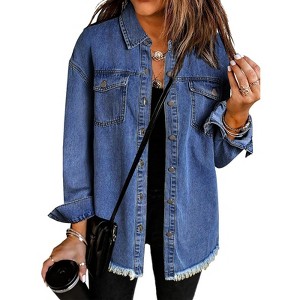 Zeagoo Jean Jackets for Women Ripped Fringe Denim Jean Jacket Casual Long Sleeve Pockets Jackets Coat - 1 of 4