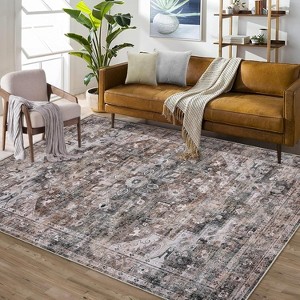 Acekool 8x10 Vintage Medallion Area Rug, Machine Washable Distressed Blue/Brown Non-Slip Stain Resistant Carpet for Living Room, Bedroom - 1 of 4