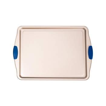 NutriChef 17” Non Stick Baking Pan, Large Gold Cookie Sheet with Blue Silicone Handles