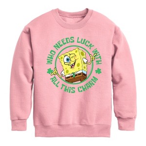 Boys' - SpongeBob Squarepants - Who Needs Luck With This Charm Graphic Long Sleeve Fleece Sweatshirt - 1 of 4