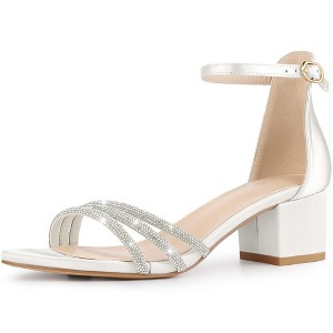 Perphy Women's Satin Rhinestone Buckle Ankle Strap Chunky Heel Sandals - 1 of 3