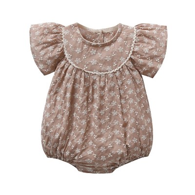 MyKids-Usa Baby Girls Lace Embroidery Round Collar Fly And Short Sleeve Onesies With Bottons