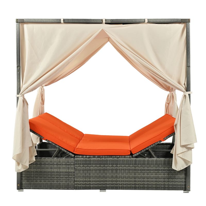 Outdoor Patio Adjustable Sun Bed, Lounge Chair Cushioned Chaise Recliner With Curtain-ModernLuxe, 4 of 13