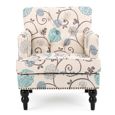 Large Blue and White Floral Microfiber Accent Chair with Wood Legs