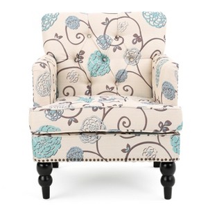 Christopher Knight Home Harrison Tufted Club Chair - White/Blue: Upholstered Accent, Floral Pattern, Hardwood Frame - 1 of 4