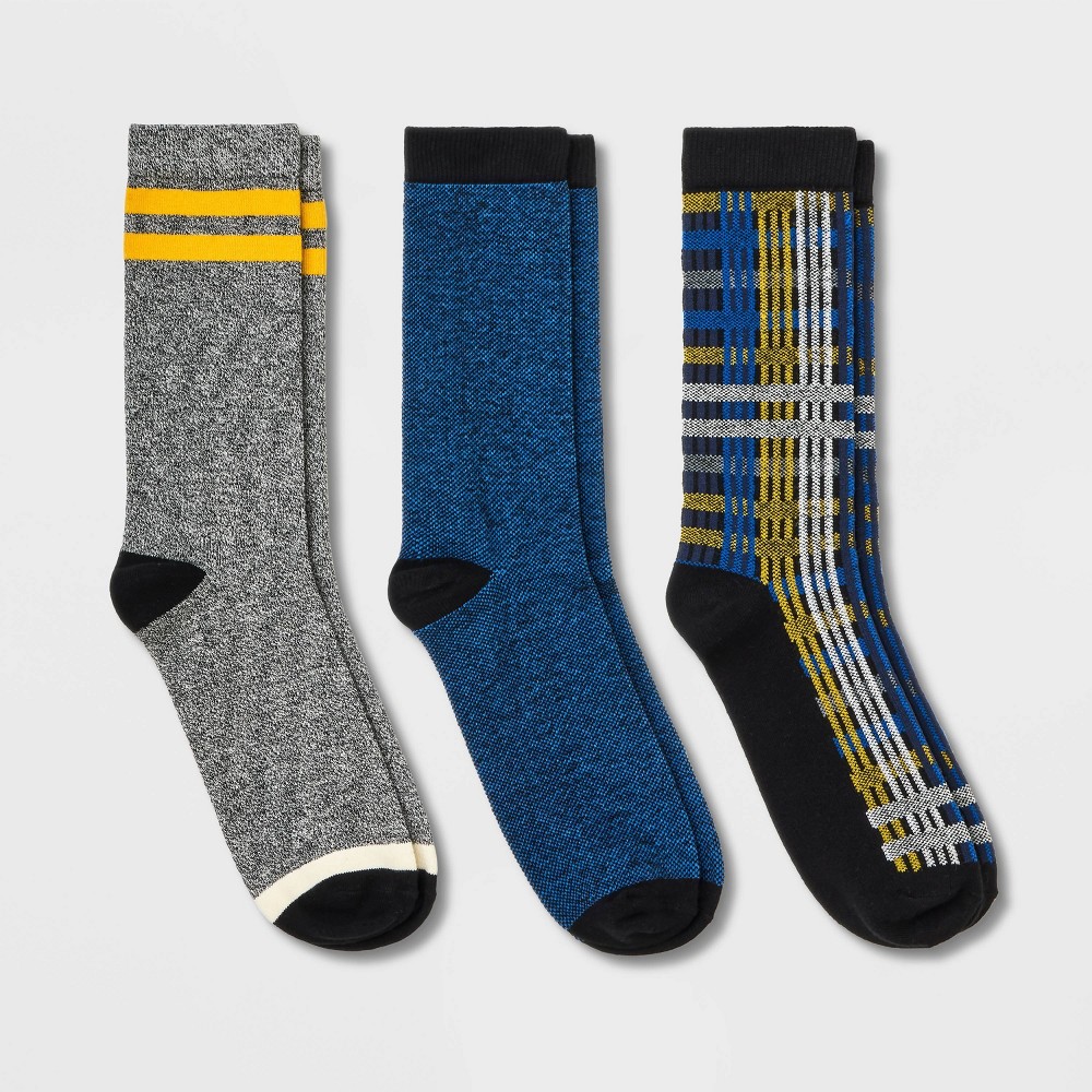 Men's Athletic Striped Casual Cozy Socks 3pk - Goodfellow & Co Blue/Yellow 6-12