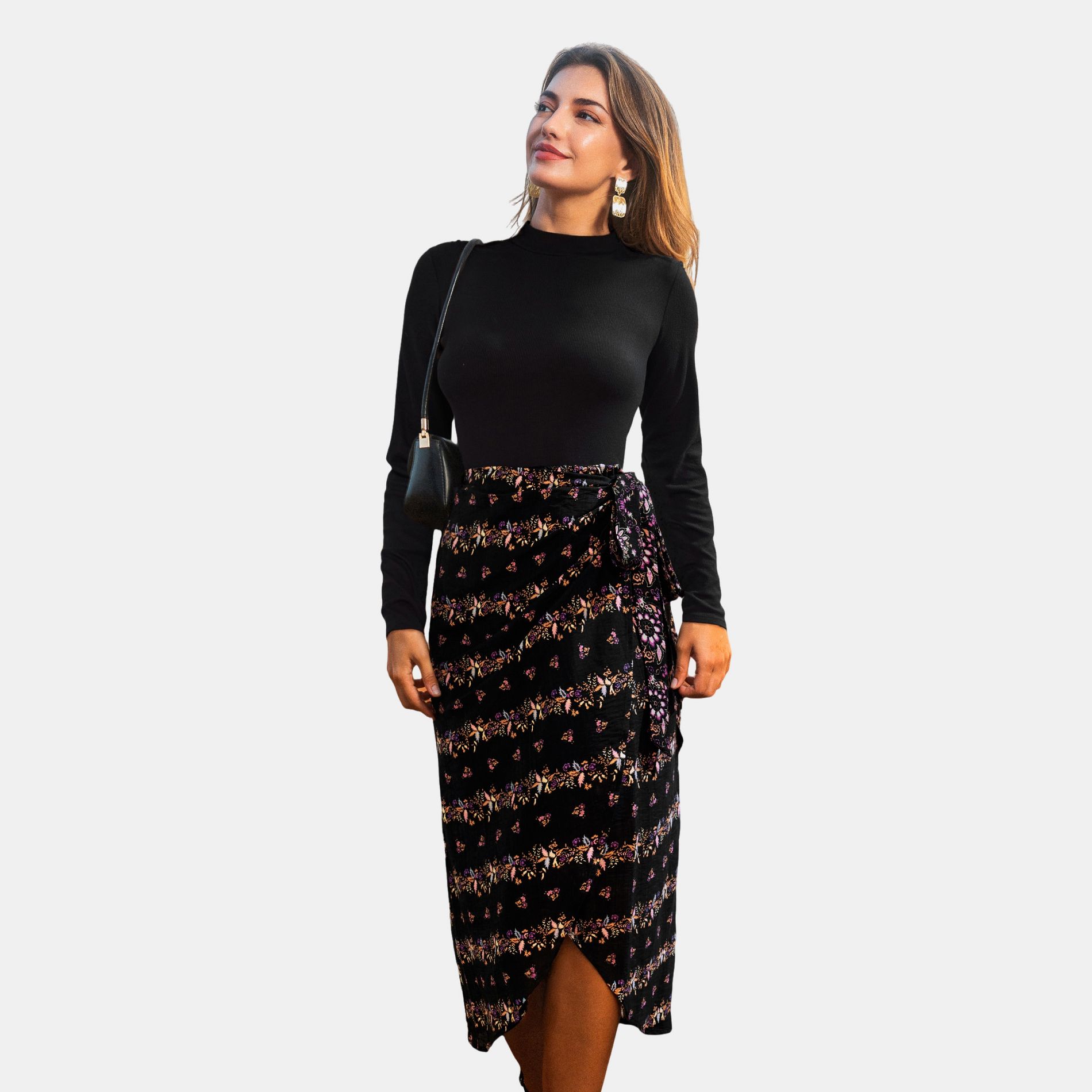Women's Elegant High Neckline Wrap Front Floral Midi Dress - Cupshe
