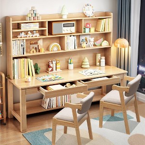 Solid Wood Desk, Kids Writing Table, Office Desk，With Removable Shelves, With Drawers And 2 Chairs - 1 of 4