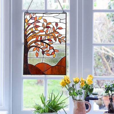 Autumnal Floral Stained Glass Window Panel with Black Finish, 24" Tall