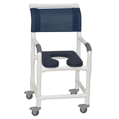 MJM International Corporation Shower Chair 18 In Width 3 In Total Locking Casters Blue Front Seat Blue Designer Mesh Backrest Sling 300 Lbs Wt
