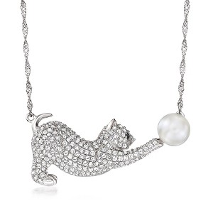 Ross-Simons 8mm Cultured Pearl and 1.80 ct. t.w. White Topaz Cat Necklace in Sterling Silver With Black Spinel Accent - 1 of 3