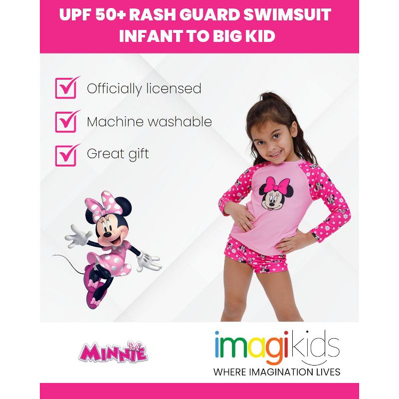 Disney Minnie Mouse Girls UPF 50+ Rash Guard and Swim Shorts Swimsuit Set Little Kid to Big Kid, 2 of 8