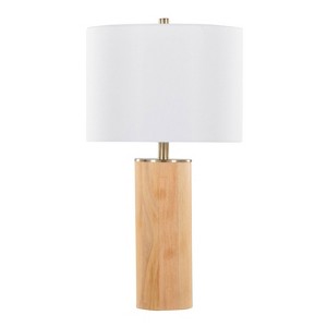 LumiSource Cylinder Ash 27" Contemporary Wood Table Lamp Ash Wood, Antique Brass, and White Linen - 1 of 4