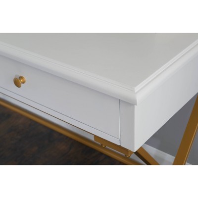 Trestle-Style White and Brass 2-Drawer Campaign Desk