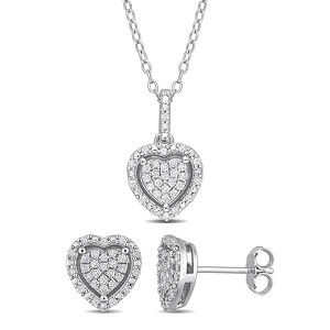 EVERLY JEWELRY | Sterling Silver 2/5 CT TDW Diamond 2-PC Heart Cluster Earrings and Pendant w/Ch Set - 1 of 4