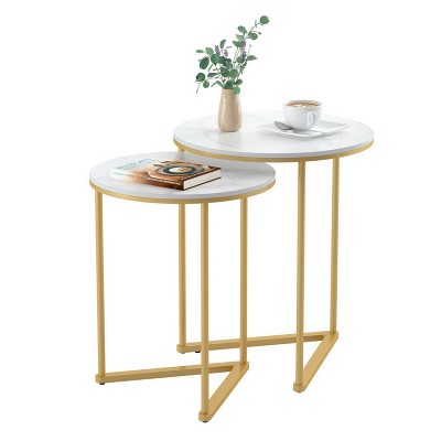 2 Pcs Chic Round Nesting Coffee Table Marble Top Side Tables Furniture