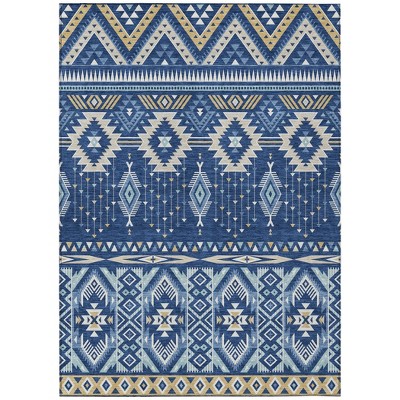 HomeRoots 3' X 5' Navy Blue Beige And Ivory Aztec Washable Indoor Outdoor Area Rug