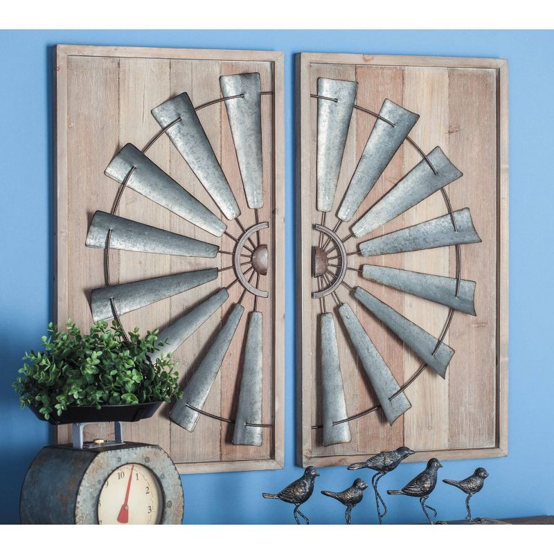 Wood Windmill Wall Decor with Wood Backing Set of 2 Gray - Olivia &#38; May, 2 of 6