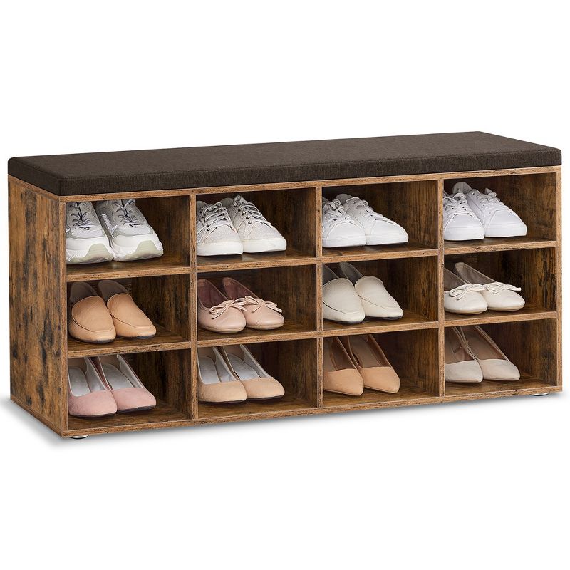 VASAGLE Shoe Bench Storage Bench with Padded Seat, Entryway Bench with 12 Compartments,Rustic Brown and Brown, 1 of 11