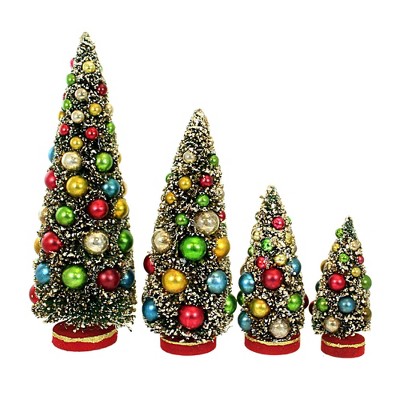Multicolor Glass Ball Decorated Bottle Brush Christmas Trees with Wooden Base, Set of 4