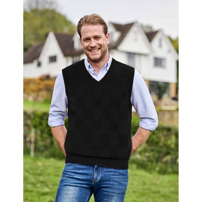 Men's V Neck Sweater Vest Checkered Sleeveless Pullover Knitwear Vest Business Casual Knitted Sweater