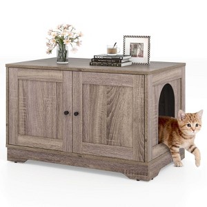 Costway Cat Litter Box Enclosure Furniture with Double Doors Divider Side Entry for Cats Brown/Black/Gray - 1 of 4